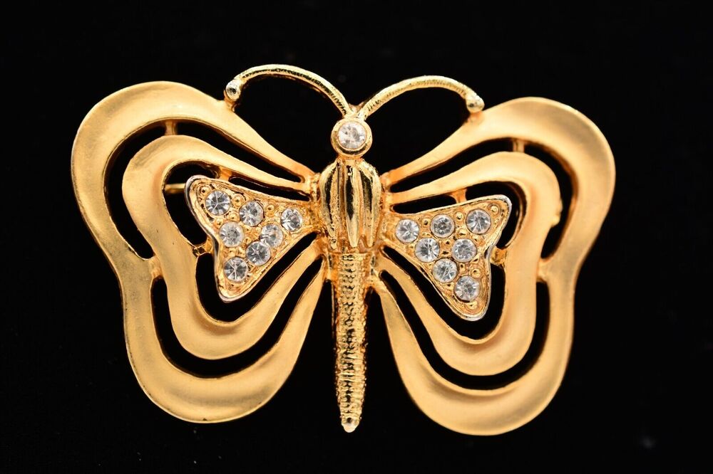 Don-Lin Vintage Butterfly Pin Brooch Crystal Brushed Matte Signed 1980s Bin7